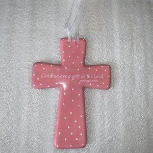 Dayspring cross wall hanging. 12". Pink with scripture saying.